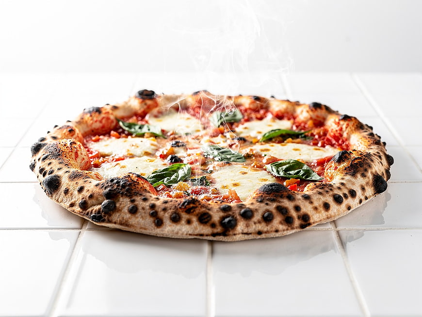 Hot Neapolitan Pizza with Fresh Basil on White Tiles
