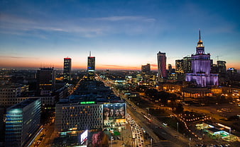 Warsaw Cityscape at Dusk with Palace of Culture and Science