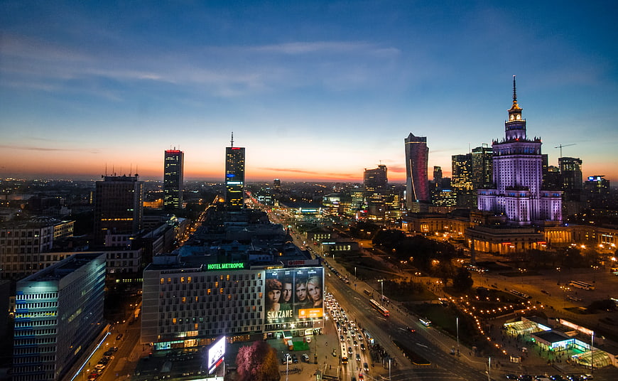 Warsaw Cityscape at Dusk with Palace of Culture and Science