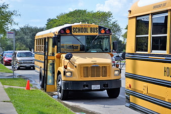 Yellow School Bus Driving on Suburban Street