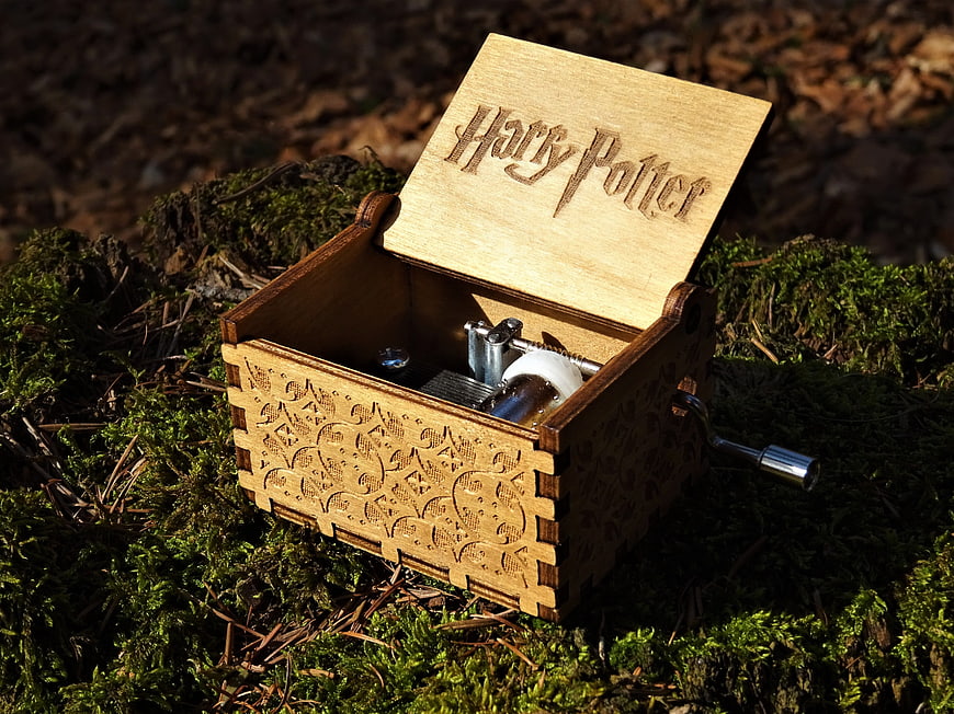 Laser-Cut Wooden Music Box with Harry Potter Logo on Mossy Tree Stump