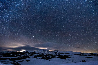 Starry Night Sky Over Snowy Mountain Landscape