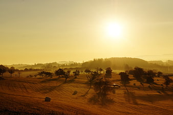 Golden Sunrise Over Rolling Hills with Hay Bales and Trees