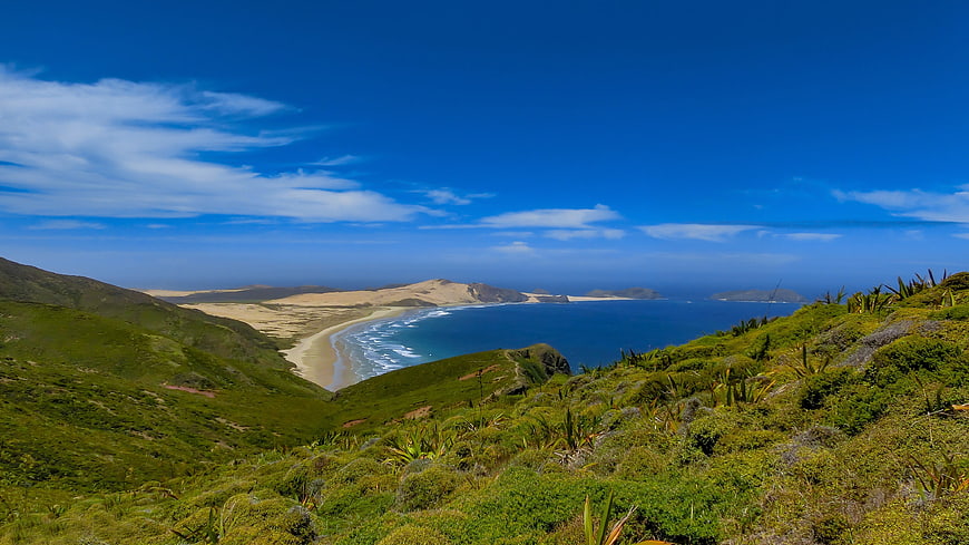 Sweeping coastal landscape featuring a sandy bay and lush green hills