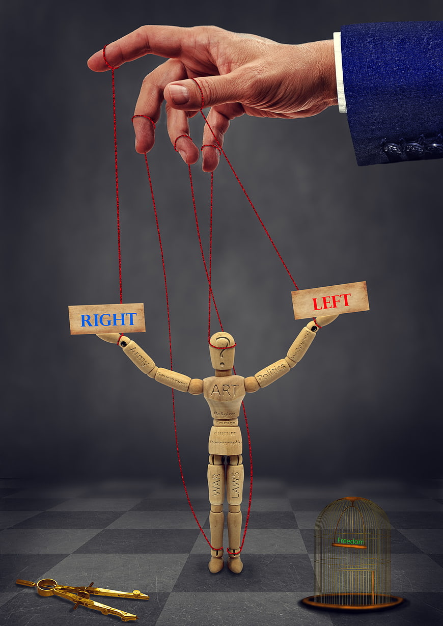 Conceptual Political Control: Hand Manipulating Puppet with Right and Left Signs