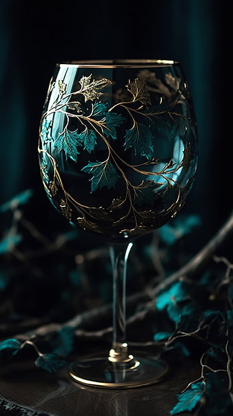 Luxurious Teal Wine Glass with Gold Leaf Design
