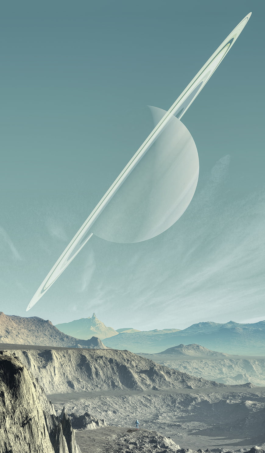 Astronaut on Alien Planet with Giant Ringed Planet in Sky
