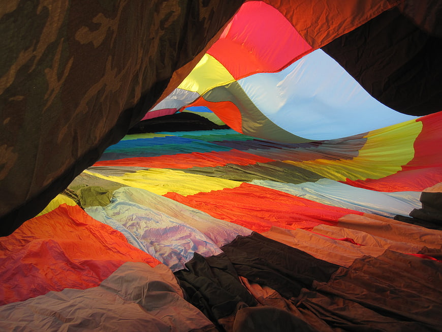 Colorful interior view of inflating hot air balloon