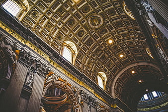 St. Peter's Basilica Dome Interior with Gold Coffered Ceiling