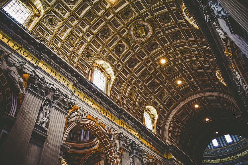St. Peter's Basilica Dome Interior with Gold Coffered Ceiling