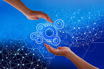Hands Interacting With Digital Gears And Network Globe