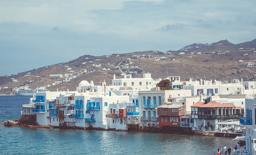 Traditional white and blue buildings in Mykonos, Greece
