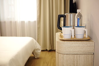 Hotel Room Coffee Station with Kettle and Mugs