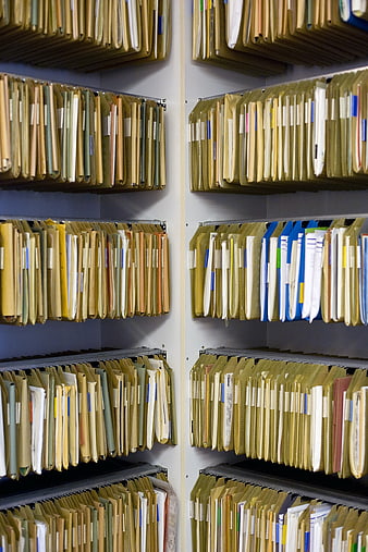 Organized office filing cabinet shelves with hanging manila folders
