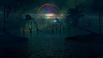 Giant robotic walkers on a tropical beach at night with a glowing digital globe