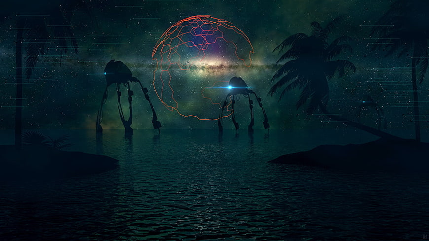 Giant robotic walkers on a tropical beach at night with a glowing digital globe