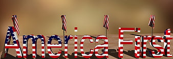 3D America First Text with US Flag Pattern and Flags