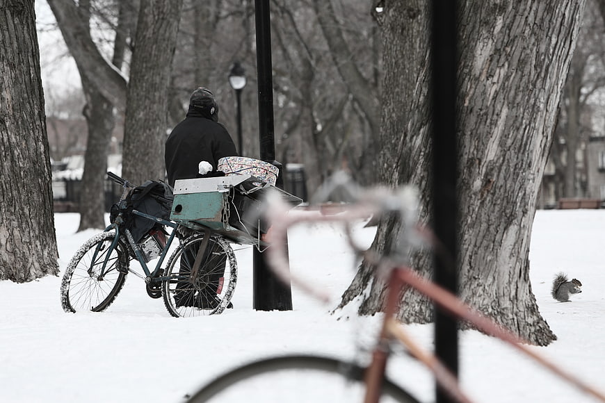 Man with Cargo Bike in Snowy Winter Park
