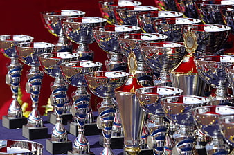 Rows of shiny silver trophies on a table