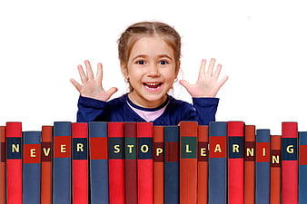 Happy Girl Behind Books Saying Never Stop Learning