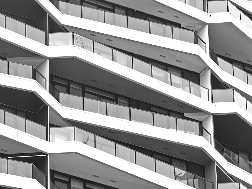 Modern Apartment Building Facade with Geometric Balconies