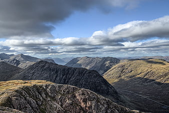 Dramatic Highland Mountain Landscape with Clouds and Valley