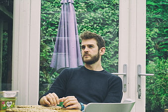Man working on laptop in conservatory with garden view