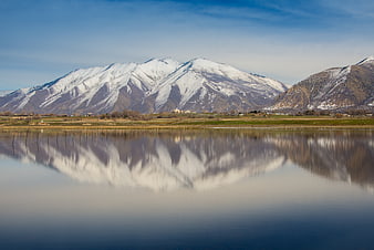 Snow-Capped Mountains Reflected in Calm Lake Water