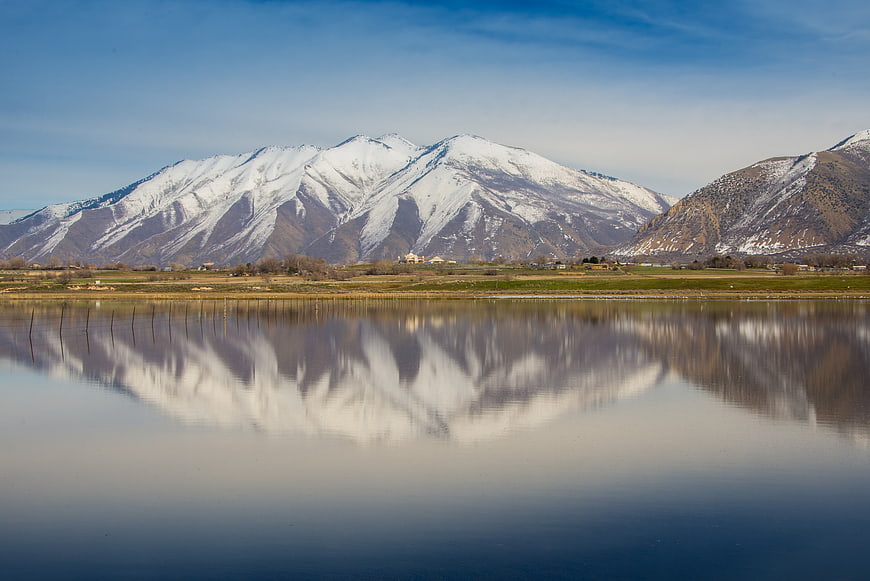Snow-Capped Mountains Reflected in Calm Lake Water