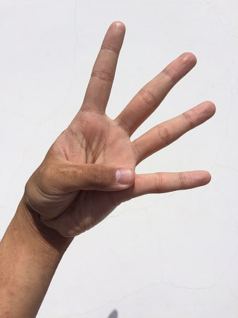 Hand Gesture Showing Four Fingers Against White Background