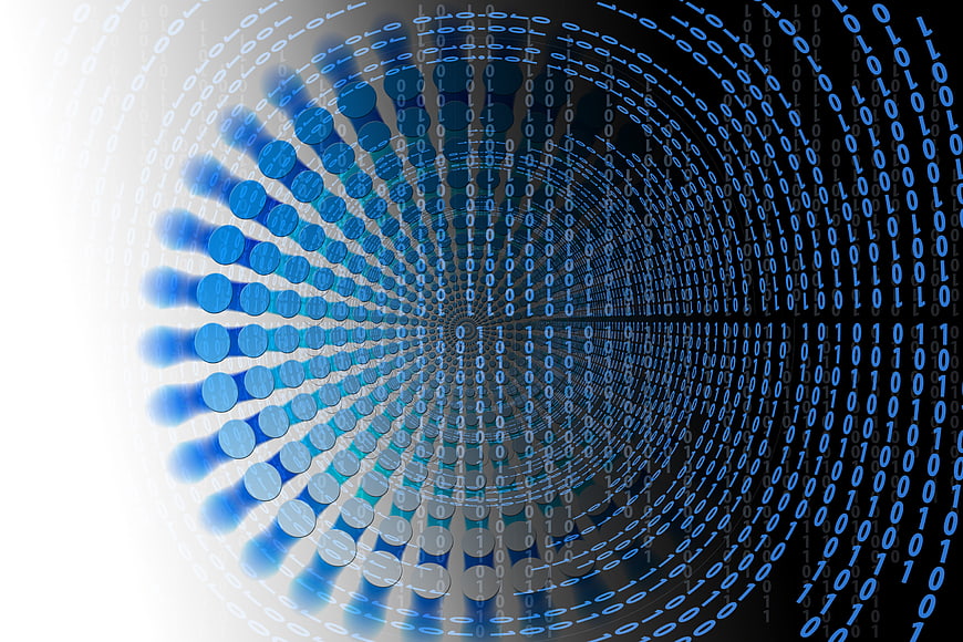 Abstract Binary Code Data Tunnel with Blue Digital Circles