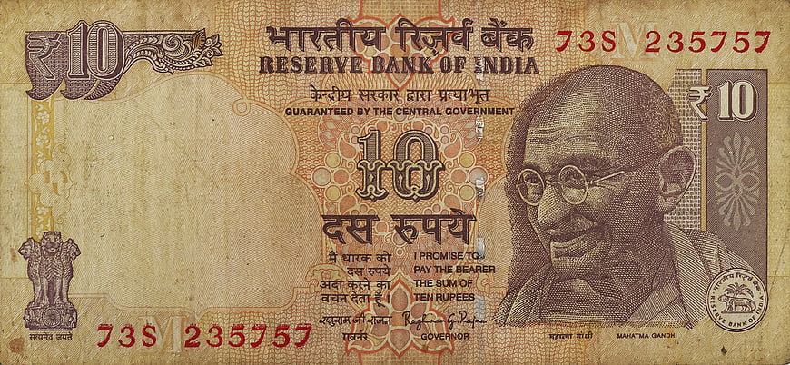 Old Indian 10 Rupee Banknote with Mahatma Gandhi Portrait