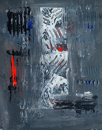 Abstract gray canvas painting with red and blue brushstrokes