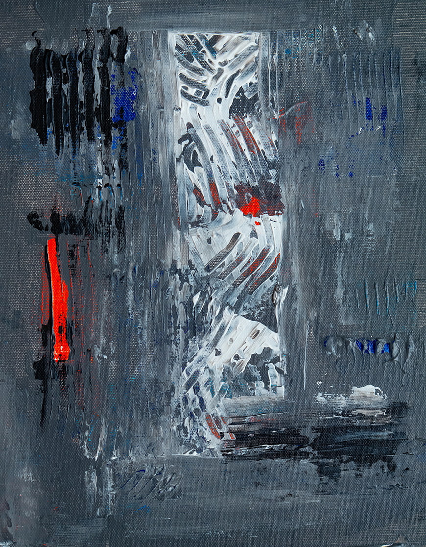 Abstract gray canvas painting with red and blue brushstrokes