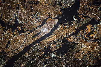 Aerial night view of New York City from space
