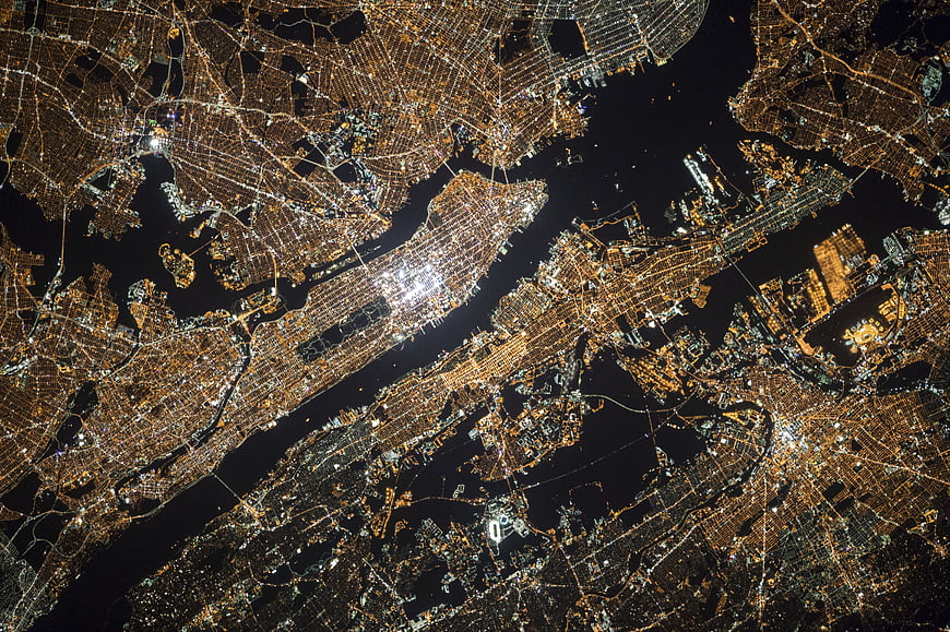 Aerial night view of New York City from space