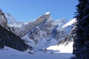 Snowy Mountain Valley with Chalets and Pine Trees