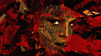 Abstract digital art of a woman's face with red geometric shards