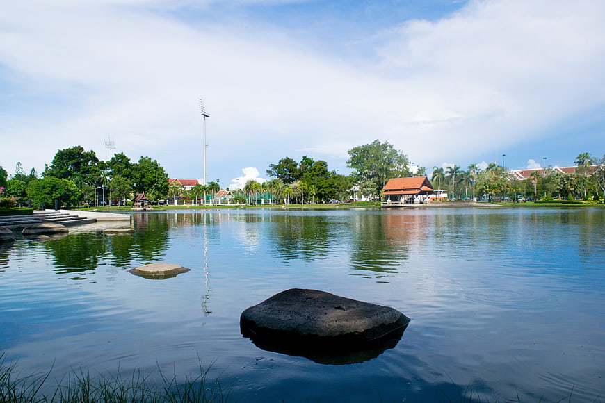 Serene Lake in Royal Garden with Pavilion and Trees
