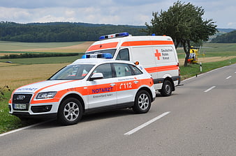 German Red Cross Ambulance and Doctor Car on Rural Road