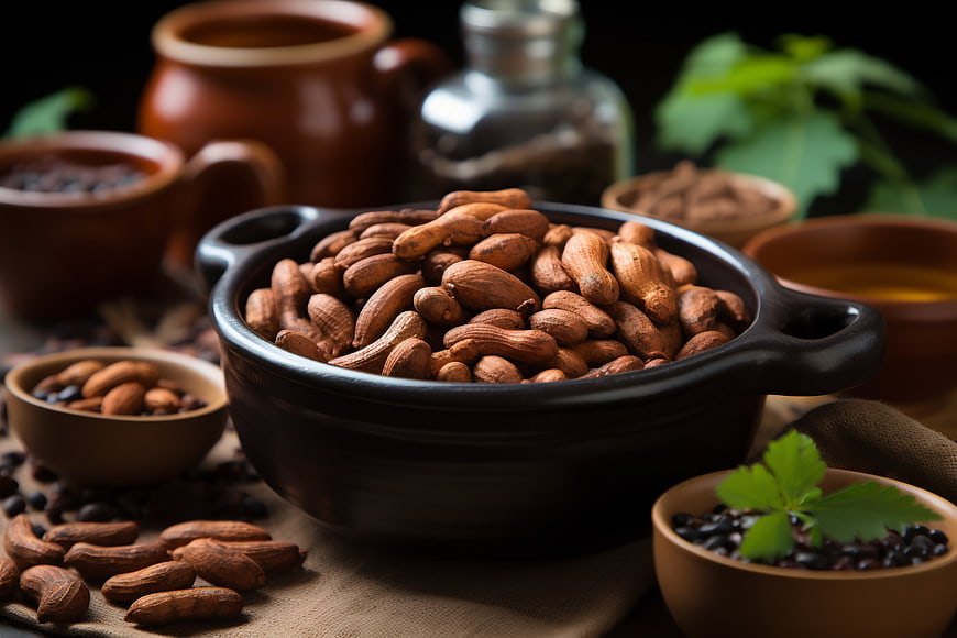 Bowl of Tamarind Pods with Spices and Herbs