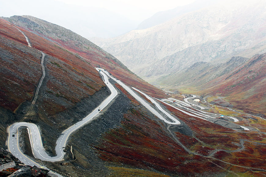 Winding mountain highway through Babusar Pass in autumn