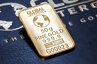 50g Gold Bar on Blue Certificate Background