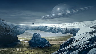 Sci-fi UFO hovering over snowy landscape with people