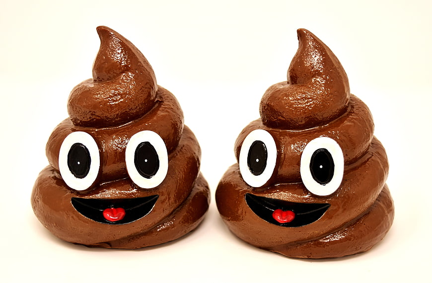 Two glossy brown ceramic poop emoji figurines with smiling faces