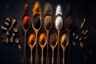 Assorted Spices on Wooden Spoons Dark Background