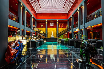 Luxurious Hotel Lobby Interior With Colorful Animal Sculptures And Art Deco Design
