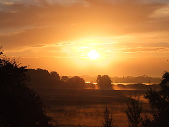 Golden Sunrise Over Misty River Landscape
