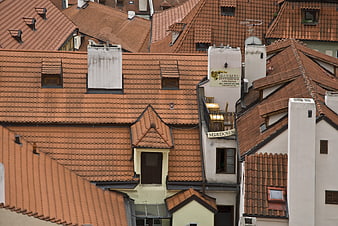 Red tiled roofs of historic Prague buildings