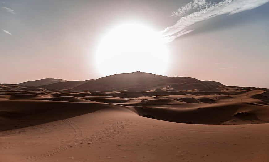 Vast desert landscape with rolling sand dunes under a bright sun